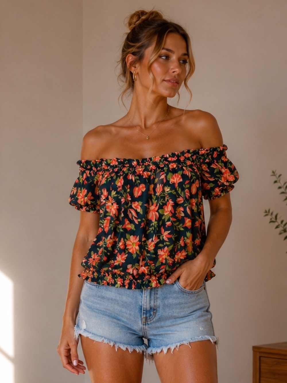 Free People One Suki Stretch Off-Shoulder Floral Ruffle Top